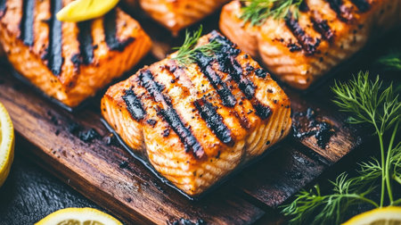 A beautifully charred salmon fillet displayed on a wooden plank, surrounded by lemon wedges and sprigs of dill, evoking a rustic dining experience.の素材