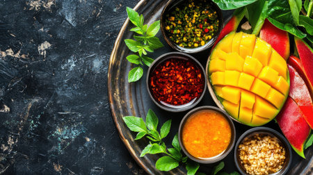 A beautifully plated dish showcasing fresh mango slices surrounded by dipping bowls of sweet fish sauce, emphasizing the contrast of colors and textures.の素材