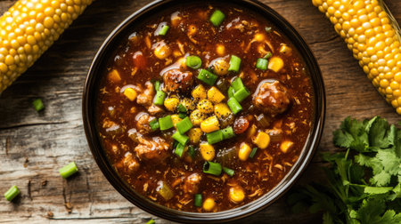 A bowl of hot chicken corn soup, topped with green onions and cracked black pepper, surrounded by corn cobs and fresh herbs on a rustic table.の素材