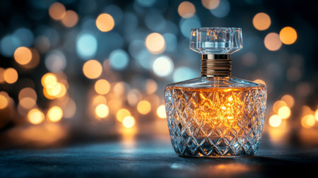 An elegant crystal perfume bottle glows softly against a dreamy bokeh background. This luxurious image captures beauty and sophistication, perfect for fragrance promotions.の素材