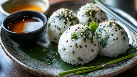 Enjoy a plate of homemade rice balls garnished with sesame seeds and fresh herbs, perfect for any meal. A delightful combination of flavors and textures.の素材
