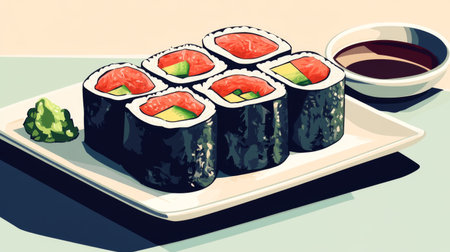 A vibrant plate of freshly made sushi rolls featuring colorful fillings, served with wasabi, ginger, and a side of dipping sauce. Perfect for food lovers.の素材
