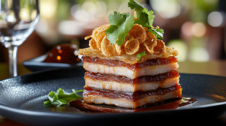 A beautifully crafted gourmet pork dish featuring layers of savory meat topped with crispy elements and fresh herbs. Perfect for a fine dining experience.の素材