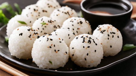 A tempting plate of white rice balls garnished with black sesame seeds. Perfect for cooking enthusiasts and food lovers seeking visual inspiration.の素材