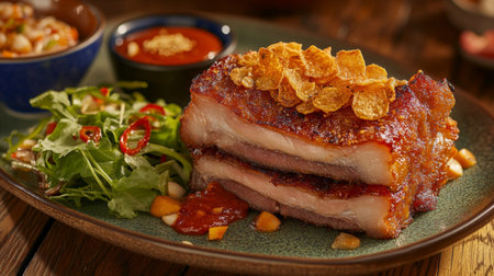A mouthwatering dish of crispy pork belly presented with fresh greens, vibrant sauces, and colorful garnishes, perfect for any meal or occasion.の素材