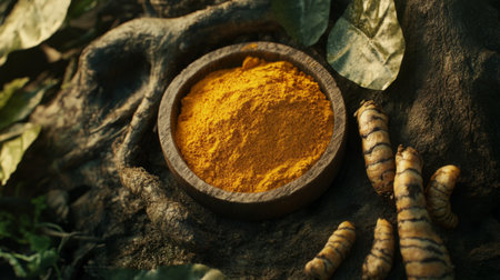A vibrant bowl of turmeric powder sits on a rustic surface, surrounded by fresh roots and leaves, highlighting its natural and organic appeal for culinary and wellness uses.の素材