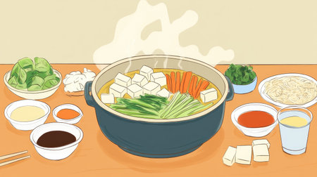 A steaming hot pot with tofu, vegetables, and broth, set in the middle of the table, surrounded by dipping sauces.の素材