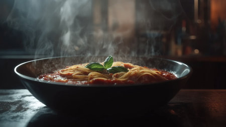 A close-up of a steaming bowl of spaghetti with tomato sauce and fresh basil, served on a dark wooden table.の素材