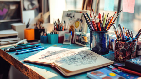 A close-up of a creative workspace with a desk, sketchbooks, pens, and colorful art supplies scattered around.の素材