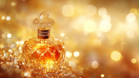 Stunning image of an ornate gold perfume bottle surrounded by soft golden bokeh lights, capturing the essence of luxury and elegance. Perfect for beauty themes.の素材