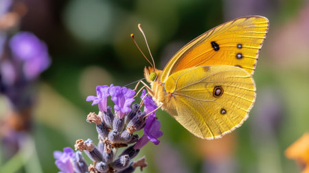 A butterfly resting on a lavender flower in a garden, with soft lighting and blurred flowers in the background.の素材