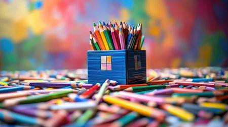 A child's colorful drawing of a house surrounded by scattered colored pencils and a crayon box.の素材