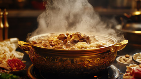 A rich and fragrant hot pot with steam rising from it, surrounded by ingredients like noodles, meat, and mushrooms.の素材