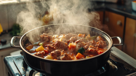 A simmering hot pot on the stove, filled with meat, seafood, and vegetables, ready for a delicious meal with friends.の素材