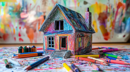 A child's colorful drawing of a house surrounded by scattered colored pencils and a crayon box.の素材