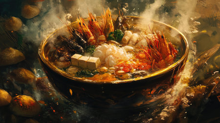 A steaming hot pot filled with a variety of ingredients like mushrooms, tofu, and seafood, ready to be enjoyed by a group.の素材