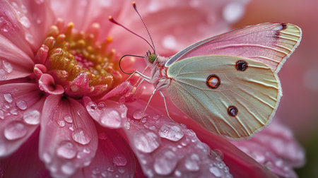 A close-up of a butterfly landing on a pink flower, with droplets of dew resting on the petals in the early morning.の素材