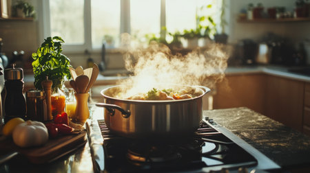 A steaming pot filled with fresh vegetables simmers on a modern kitchen stove, capturing the warmth and comfort of home cooking in natural light.の素材