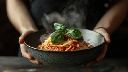 A close-up of a steaming bowl of spaghetti with tomato sauce and fresh basil, served on a dark wooden table.の素材