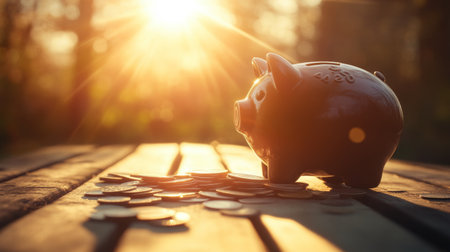 A charming piggy bank sits on a wooden table surrounded by scattered coins, illuminated by the warm glow of sunlight. This image symbolizes savings, finance, and future investment opportunities.の素材