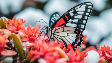 A butterfly with its wings open, sitting on a bright flower in a tranquil garden setting.の素材