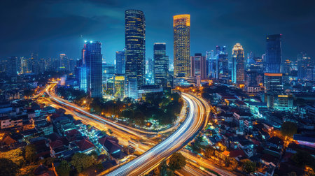 A city's iconic landmark lit up at night, standing tall among other glowing skyscrapers in a modern capital city.の素材