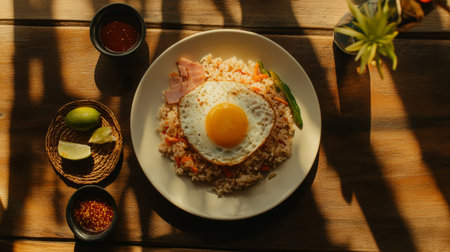 A vibrant dish featuring fried rice topped with a sunny-side-up egg, accompanied by fresh vegetables and condiments, perfect for showcasing culinary delights.の素材