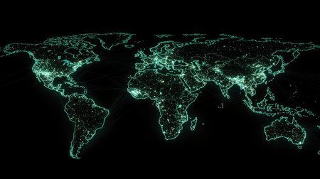 A glowing digital world map with data points, charts, and lines representing global connections and analytics.の素材