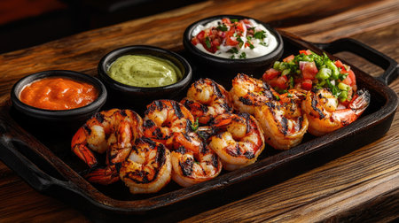 A hot platter of grilled prawns with a crispy, caramelized exterior, placed on a rustic table with dipping sauces.の素材