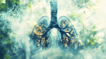 A creative illustration of lungs filled with smoke, symbolizing the direct impact of air pollution on human health.の素材