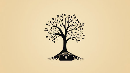 A minimalist design of a tree with briefcase-shaped branches, representing entrepreneurial success.の素材