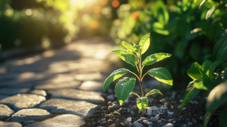 A fresh green sapling growing in a well-maintained garden, with morning sunlight shining through its leaves.の素材