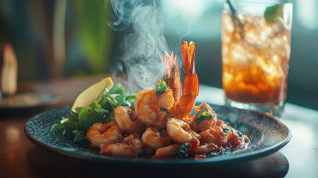 A steaming hot plate of prawns with caramelized edges, paired with a refreshing drink and fresh greens.の素材