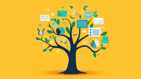 A thriving tree with graphs and charts integrated into its trunk, symbolizing analytics-driven business success.の素材