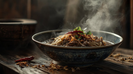A steaming bowl of noodle soup showcases tender noodles topped with fresh herbs and spices, creating a warm and inviting meal perfect for comfort dining.の素材