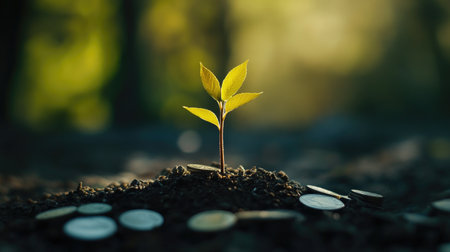 A small sapling growing from a pile of coins, symbolizing the growth of business investments.の素材