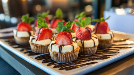 An inviting display of strawberry cheesecake bites on a platter, garnished with sprigs of mint and a light drizzle of chocolate for an elegant touch.の素材