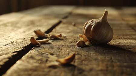 A fresh garlic bulb rests on a rustic wooden table, illuminated by warm lighting. The image captures the essence of natural ingredients and culinary inspiration.の素材