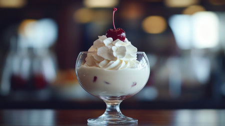 An artistic shot of a clear glass filled with whipped cream and a cherry on top, with a blurred background of dessert ingredients, highlighting freshness.の素材