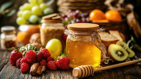 A beautifully arranged breakfast table featuring a jar of honey, fresh bread, and fruits, all set against a warm, inviting wooden background.の素材