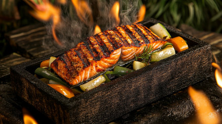 Sizzling grilled salmon served on a hot stone with assorted vegetables, creating a vibrant and appetizing dish full of flavor and steam. Perfect for culinary enthusiasts!の素材