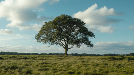 A tree growing tall and strong in the middle of a field, surrounded by green grass and blue skies.の素材