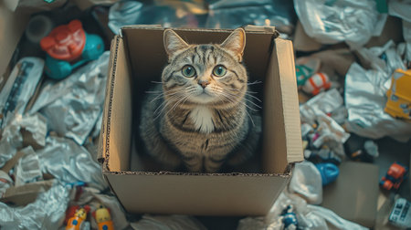 An overhead shot of a cat sitting inside a box, surrounded by a mess of crumpled paper and scattered toys, illustrating a day full of playful antics.の素材