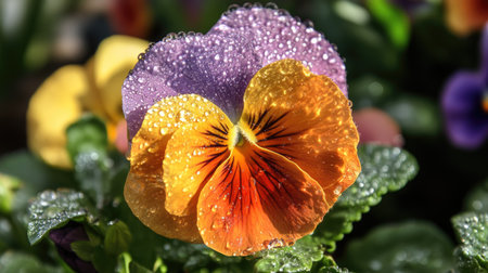 Dew-covered petals of a colorful flower in a garden, with sunlight reflecting off the water droplets.の素材
