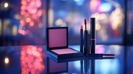 A vibrant makeup collection featuring a lipstick, blush, and applicator arranged elegantly. The artistic setup highlights beauty in a colorful and modern environment.の素材