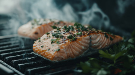 Two succulent grilled salmon fillets topped with fresh herbs sit on a smoky grill, showcasing a mouthwatering seafood dish perfect for outdoor meals.の素材
