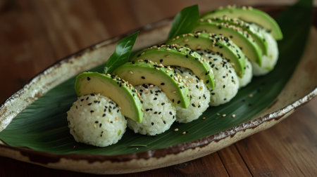 A beautiful arrangement of sushi topped with fresh avocado slices and sprinkled with sesame seeds, served on a rustic wooden plate. Perfect for food lovers.の素材