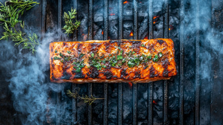 Delicious grilled salmon fillet garnished with fresh herbs on a barbecue grill. Smoke rises, enhancing the appealing visual of this healthy meal. Perfect for summer gatherings.の素材