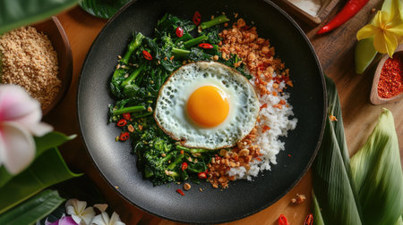 An overhead shot of a traditional Thai egg pan, showcasing eggs cooked to perfection, surrounded by vibrant vegetables and colorful spices.の素材