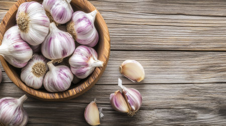 A beautiful arrangement of fresh garlic bulbs and cloves in a wooden bowl resting on a rustic wooden surface, ideal for culinary art and healthy cooking.の素材